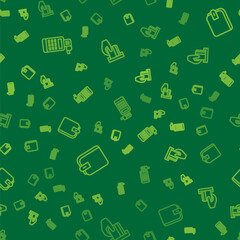 Set line Cash register machine, Wallet and Credit card inserted on seamless pattern. Vector