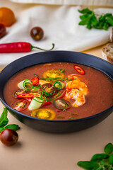 Delicious tomato soup with shrimps, cucumber, pepper and cherry tomatoes in a black bowl over light tablecloth. Spanish pureed cold tomato soup with shrimps. Seafood gazpacho. Food in restaurant menu.