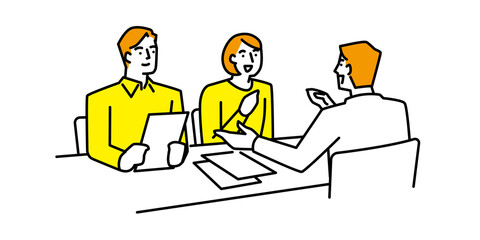 案内スタッフから説明を受ける男性と女性のイラスト