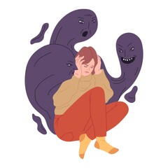 Conceptual illustration of scared lady sits huddled in fear, dark spirits fly around her and whisper in her ear. A symptom of schizophrenia: voices.of a mental disorder. Flat cartoon picture.