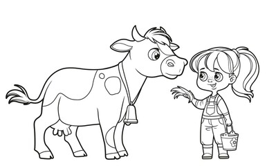Cute cartoon girl with a bucket of milk feeds cow with hay outlined for coloring book on white background