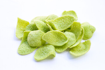 Prawn crackers on white background. Shrimp crispy rice snack