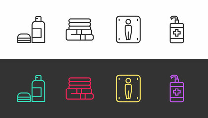 Set line Bottle of shampoo, Towel stack, Male toilet and Hand sanitizer bottle on black and white. Vector