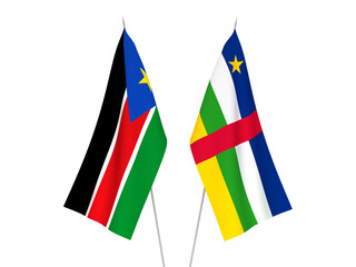 National fabric flags of Republic of South Sudan and Central African Republic isolated on white background. 3d rendering illustration.