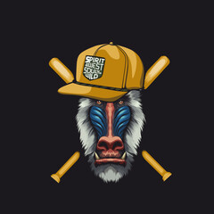 vector illustration of a badge of a monkey head wearing a hat with baseball sticks crossed