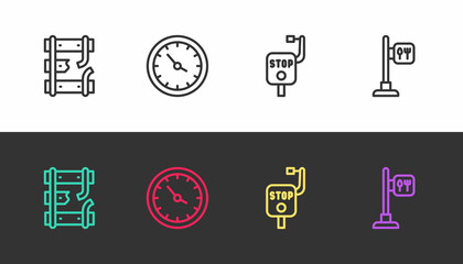 Set line Broken rails on a railway, Train station clock, Emergency brake and Cafe and restaurant location on black and white. Vector