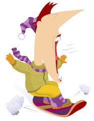 Screaming snowboarder fills with joy from fast ride	