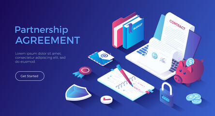 Partnership Agreement Deal Successful business concept. Online contract inspecting and signing, document with electronic signature, stamp. Isometric landing page. Vector web banner.