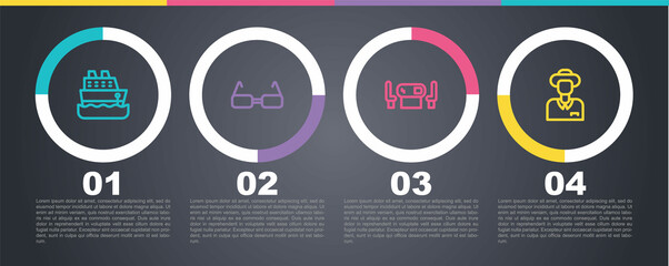 Set line Cruise ship, Glasses, Poker table and Tourist. Business infographic template. Vector