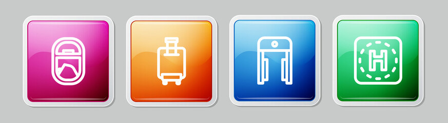 Set line Airplane window, Suitcase, Metal detector airport and Helicopter landing pad. Colorful square button. Vector