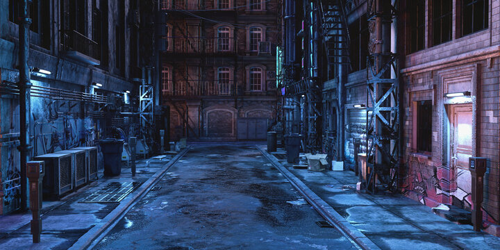 Wide panoramic view of a dark futuristic cyberpunk city street at night. 3D illustration.