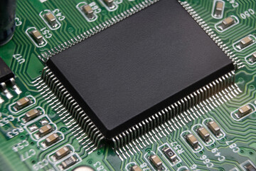 Details of electronic board. Close-up of electronic circuit board with SMD components and chip