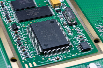 Details of electronic board. Close-up of electronic circuit board with SMD components and chips