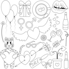 Valentine day. Sketch. Set of vector illustrations. Doodle style. Love collection. Coloring book for children. Tiger, heart, love, chamomile, gender symbols, champagne. A group of cute images. 