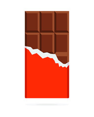 Chocolate bar in opened red wrapped and foil isolated on white background, dessert, vector illustration in flat style. Chocolate bar on white background, vector illustration. Milk chocolate bar. 