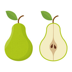Green pear flat illustration on white background. Half pear. Sweet fruit. 