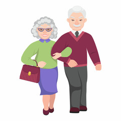 Elegant elderly couple walking. Smiling grandma is walking arm in arm with grandpa. The concept of longevity and a healthy lifestyle. Flat illustration on white background