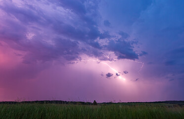Dark thunder storm clouds with lightning, summer, climate change concept