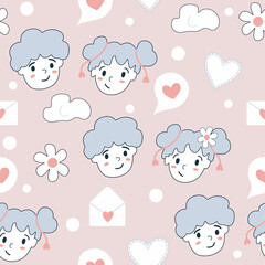 Romantic pattern. Valentine's Day vector background. Be my Valentine. Couple in love, hearts, cloud, flowers on a pink background. Girl and boy. Cute cartoon illustration. 