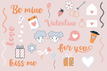 Valentine's Day stickers set. February 14. Romantic lettering and vector illustrations. Girl and boy. Cute hand drawn set of icons with hearts, gift,  letter, coffee, strawberry.