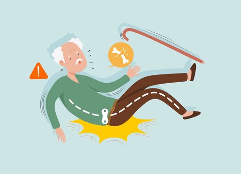 Falling elderly people. Dizzy senior fall down on floor, old person slip stumble flooring, injury accident elder man fracture risk falls grandfather.