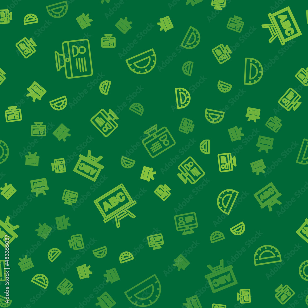 Aufkleber set line online class, chalkboard and protractor grid on seamless pattern. vector