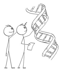 Scientists or Doctors Researching DNA Molecule, Vector Cartoon Stick Figure Illustration