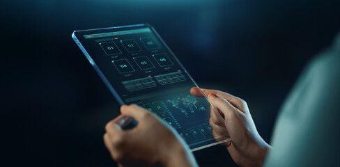 virtual reality, people and technology concept - close up of hands holding transparent tablet pc...