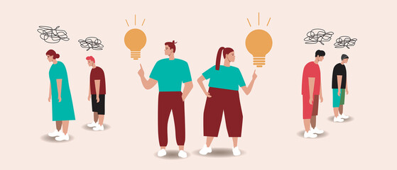 Couple as a team with an idea, chaos in the mind of people, Flat vector stock illustration with Teamwork with a light bulb as a symbol of an idea