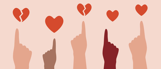 Finger pointing to heart, Flat vector stock illustration isolated with People with broken heart or in love, Single or in relationship