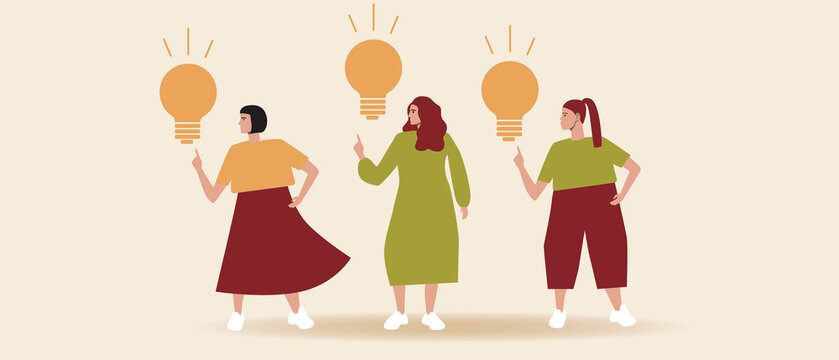 Emancipated feminists with light bulb as idea isolated, Flat vector stock illustration with Women teamwork and feminism brainstorming