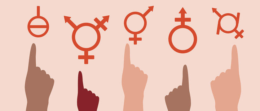 Finger pointing to gender symbol, Flat vector stock illustration isolated with Hands of LGBTQ people as Non-binary person equality concept and Gender identity