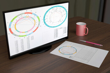 The workplace of a modern astrologer. 3D render. A computer, an astrological chart, a ballpoint pen...