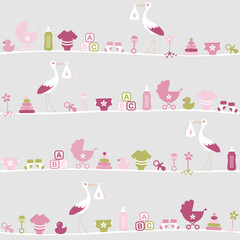 Endlosmuster Storch Und Babysymbole Mädchen Rosa Olivgrün Grau