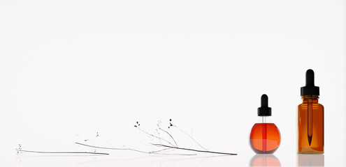 Two oil dropper bottles and dry st john's wort with space for text