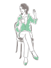 イスに座って脚を組み、笑顔で手を上げる女性の手描き風イラスト