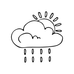 The weather is cloudy with sun and rain. Vector doodle cloud. Hand drawn meteorological forecast symbols. Rainy season. Thin line web design icon.