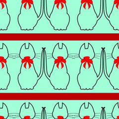 Vector seamless pattern. Silhouettes of cats with red bows and wide red stripes on a blue isolated background. 