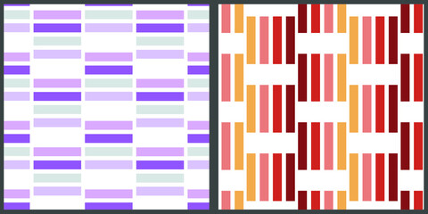 Set of vector seamless patterns. Geometric abstract pattern orange and purple horizontal and vertical stripes on a white isolated background. 