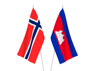 National fabric flags of Norway and Kingdom of Cambodia isolated on white background. 3d rendering illustration.