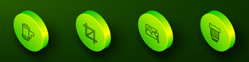 Set Isometric line Camera roll cartridge, Picture crop photo, Photo retouching and lens icon. Vector