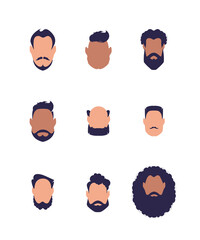 Set of faces of guys of different types and nationalities. Isolated. Vector illustration.