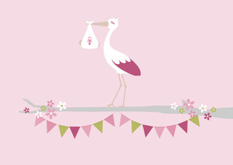 Storch Mit Baby M&auml;dchen Auf Ast Mit Girlanden Rosa Olivgr&uuml;n