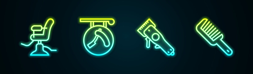 Set line Barbershop chair, with razor, Electrical clipper and Hairbrush. Glowing neon icon. Vector