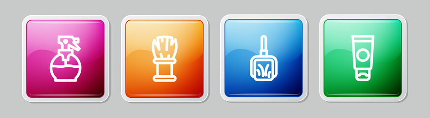 Set line Hairdresser pistol spray bottle, Shaving brush, Dustpan and Cream cosmetic tube. Colorful square button. Vector