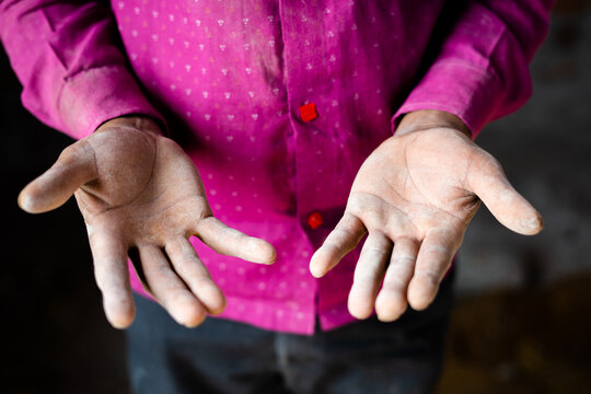 Pan Shot Close Up Of Daily Wager Or Construction Labour Rough Hands - Concept Of Hardworking And Overworked