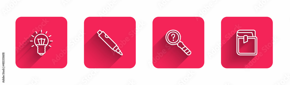 Poster set line light bulb, marker pen, unknown search and book with long shadow. red square button. vector