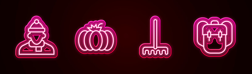 Set line Autumn clothes, Pumpkin, Garden rake and School backpack. Glowing neon icon. Vector