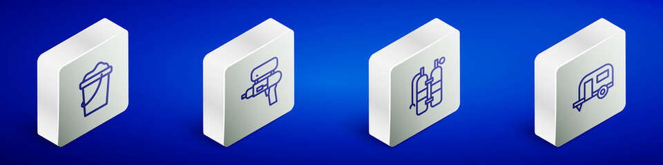 Set Isometric line Sand in bucket, Water gun, Aqualung and Rv Camping trailer icon. Vector