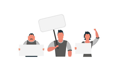 Protesting men with an empty banner. Strike concept. Flat style, vector.